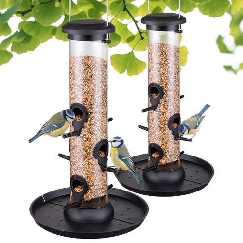 Tube Bird Feeders for Outdoors,13" 6-Port Seed Catcher,Black,2 PK
