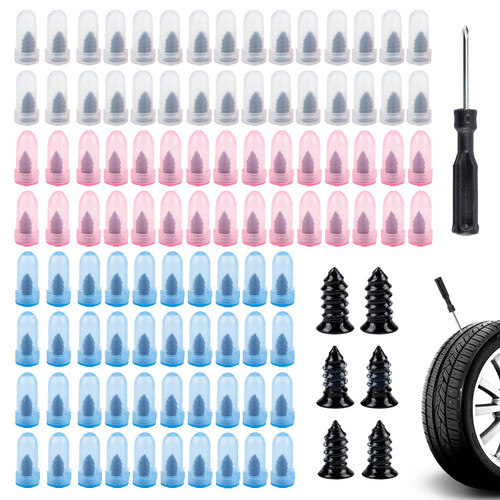 100 Pcs Tire Repair Screws Kit, Screw in Tire Plugs, Tire Plug Kit with Screwdriver, Tire Repair Kit for Car Truck Motorcycle, Tire Puncture Repair Rubber Nail Kit, Fix a Flat Emergency Tool