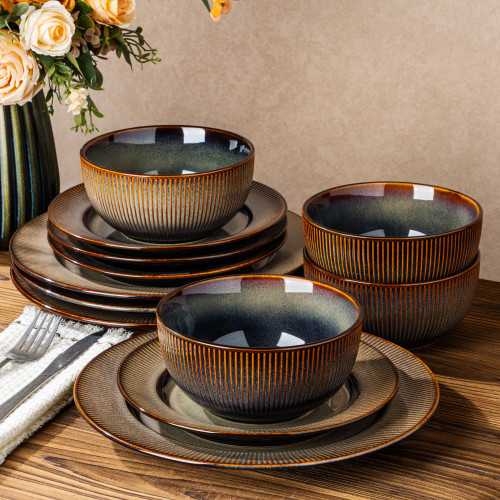 TheTerra Ceramic Dinnerware Set for 4, 12-Piece Plates and Bowls Set