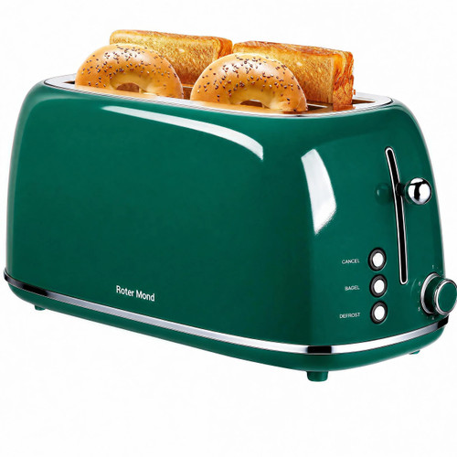 Roter Mond 4 Slice Toaster Retro Stainless Steel Toaster with Bagel, Cancel, Defrost Function and 6 Bread Shade Settings Bread Machine, Long Extra Wide Slots and Removable Crumb Tray, Green