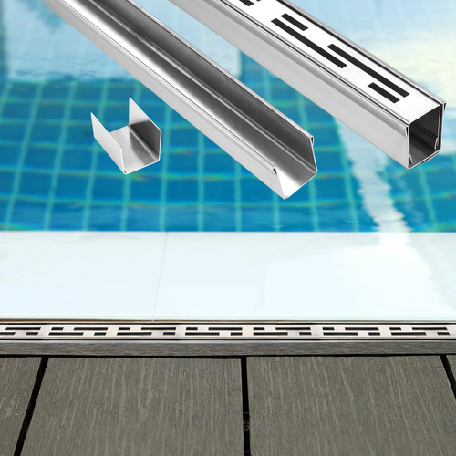 1 Pack Pool Deck Channel Drain 1.25" Wx4 ft L, 304 Steel, Silver