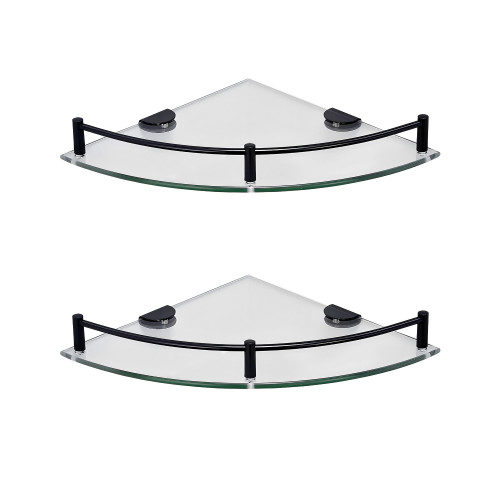 Glass Shower Corner Shelves 2 Pack - Floating Bathroom Shelves Tempered Glass Shelf with Rails SUS 304 Stainless Steel Wall Mounted Organizer, 24cmx24cm 6mm, Black