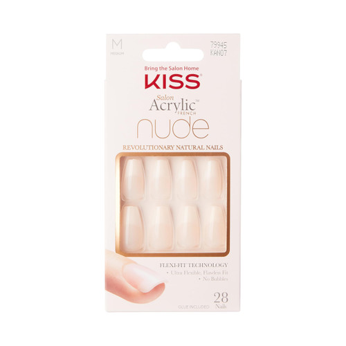 KISS Salon Acrylic French Manicure Set, ‘Leilani’, Medium Length, Nude Square Press-On Nails, Includes Pink Gel Nail Glue 0.07 Oz, Mini Nail File, Manicure Stick, and 28 Fake Nails, 31 Piece Set