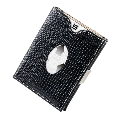LIULIHUA LLH Leather Trifold Wallet - RFID Blocking with Stainless Steel Locking Clip Wallet, Minimalist Front Pocket RFID Protected Credit Card Holder(Lizard-Grain Black)