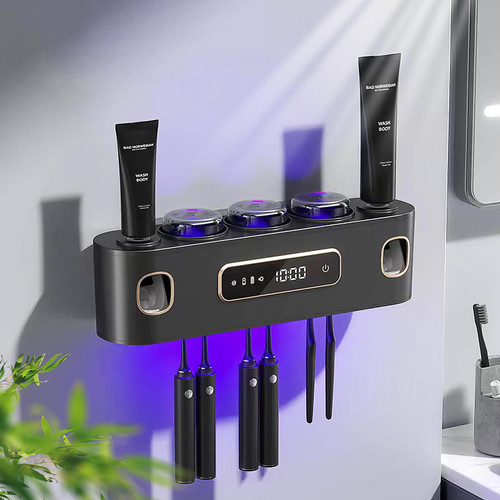 Bathroom Toothbrush Holders and 2 Toothpaste Dispenser with Smart Drying and Cleaning, Wall Mounted Toothbrush Organizer for Electric/Manual Toothbrushes with 3 Cups 6 Slots (Gray)