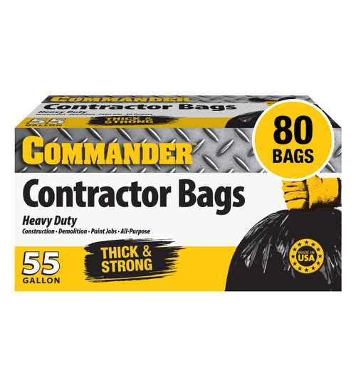 Commander 55 Gallon 2 MIL (eq) Heavy Duty Contractor Bags with Flap Ties - 36" x 52" - Pack of 80 - For Contractor, Industrial, & Outdoor