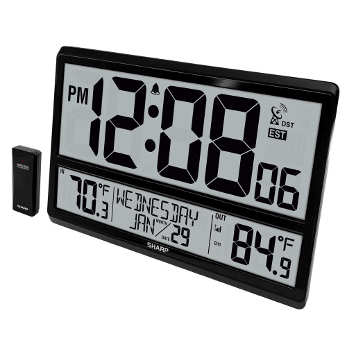 Sharp Atomic Clock with 4-Inch Display, Outdoor Sensor, Battery Powered