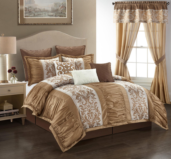 Grand Avenue Gold Comforter Set King Size,9 Piece Luxury Bedding Set All Season, Cozy and Classical, Bedskirt, Pillows & Shams