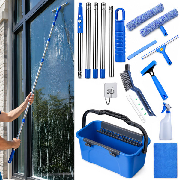 All-in-One Window Washing Kit with Squeegee, 61" Pole & Bucket