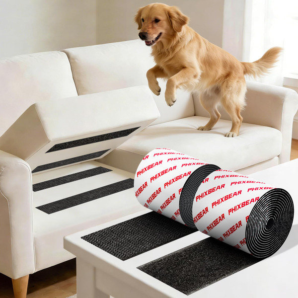 PHIXBEAR 4in Upgraded Industrial-Strength Hook and Loop Tape for Sofa Cushions, Extra-Wide Heavy-Duty Self-Adhesive Strips, Keeps Couch Cushions Securely in Place, Indoor & Outdoor Use, Black 7ft