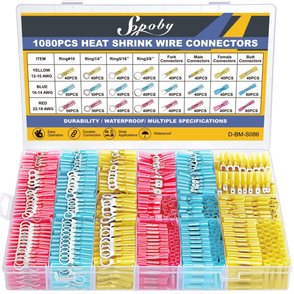 1080PCS Heat Shrink Wire Connectors, Marine Grade Electrical Connectors Kit