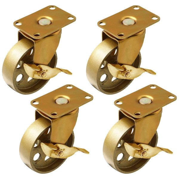 FactorDuty 3.5 inch with Brake Locking Caster Vintage Swivel Caster Copper Antique Gold Cast Iron Wheel Industrial Heavy Duty Rustic Retro Antique Cart Style 900LB Overall Capacity Set of 4