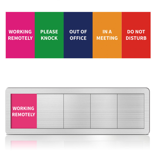 Office Door Signs Do Not Disturb, Please Knock, In A Meeting, Out Of Office, Working Remotely 5 Options Privacy Door Slider Sign For Meeting & Conference Room Brushed Silver