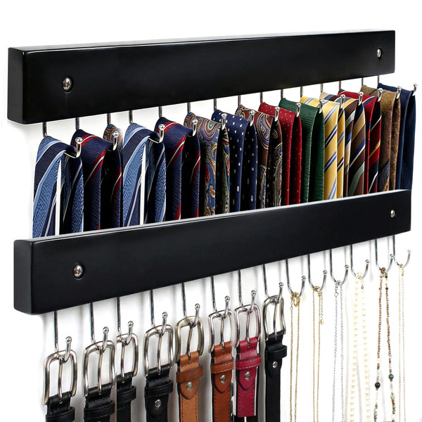 2Pack Wall-Mounted Belt & Tie Rack Organizer, Wooden with 28 Rotating Hooks