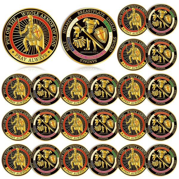 Nosiny 20 Pcs Armor of God Coins Metal Christian Challenge Coins for Religious Prayer Collector Christian Church School Party Commemorative Gifts(Novel Style)