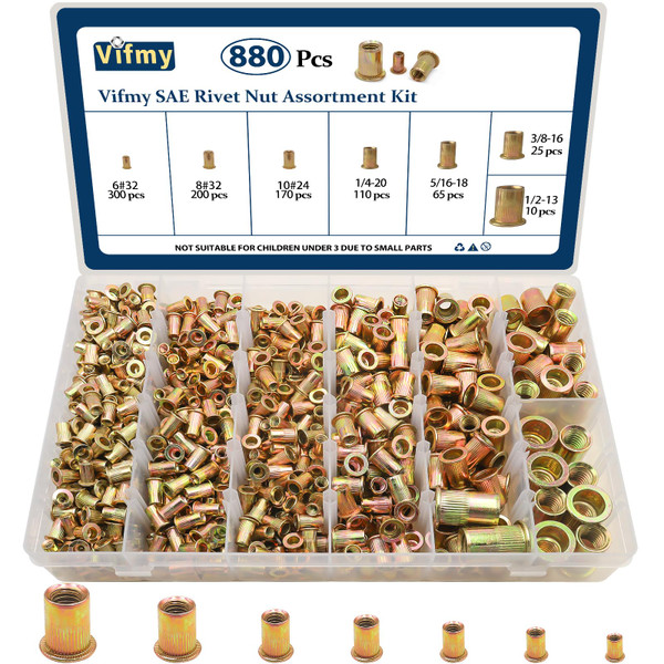 Vifmy SAE Rivet Nut Assortment Kit, 880Pcs #6-1/2 Zinc Plated Rivnut Insert