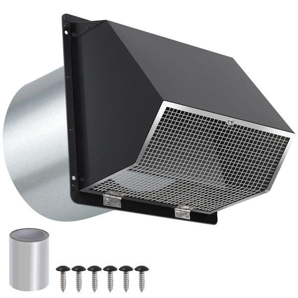 10 Inch Hooded Wall Vent with Screen and Damper,Outdoor Wall Exhaust Vent Cover Cap for Kitchen Range Hood HVAC Duct Dryer Ventilation&Outside Exterior Mount,Galvanized Steel,Black
