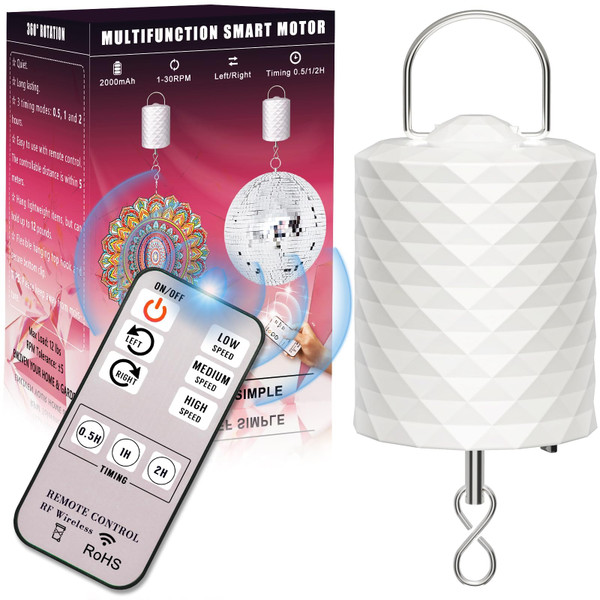 Disco Ball Motor with Remote, 1-30 RPM 3 Speeds & 2-Way Rotation, 0.5/1/2H Timing, 12LBS Capacity for 6"-20" Mirror Ball, Battery Operated Slow Control Wind Spinner Chime for Baby Crib Mobile Decor