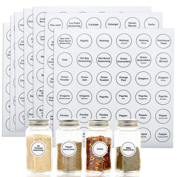 Spice Labels, 432Pcs Spice Labels Stickers 1.4in Waterproof Adhesive Round Preprinted Spice with Blank Label White Tear Resistant Sticker for Kitchen Jars Caps Food Containers Organizers (White)