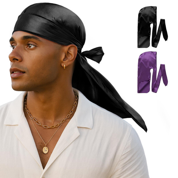 YFONG 100% 22 Momme Mulberry Silk Durags for Men Women,Breathable and Soft Do Rag for 360 Waves， 2 Pc, Black & Purple