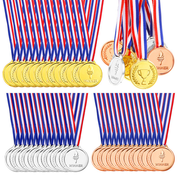 Pllieay 24 Pieces Plastic Winner Medals, Winner Award Medals, Gold Silver and Bronze Medals for Sports, Competition, Talent Show, Spelling Bee, Gymnastic Birthday Party Favors and Awards