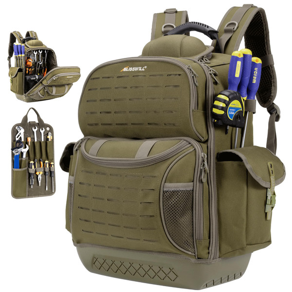 Tool Backpack Heavy Duty Tool Bag for men Waterproof Molded Base 62 Pockets
