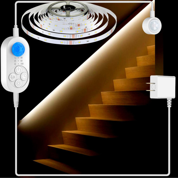Dual Motion Sensor Light Indoor - Plug-in Motion Activated LED Stair Step with Double Sensors, Dimmer and Timer for Stairway, Bedroom, Corridor (Warm White 3000K 32.8FT Light Strip)