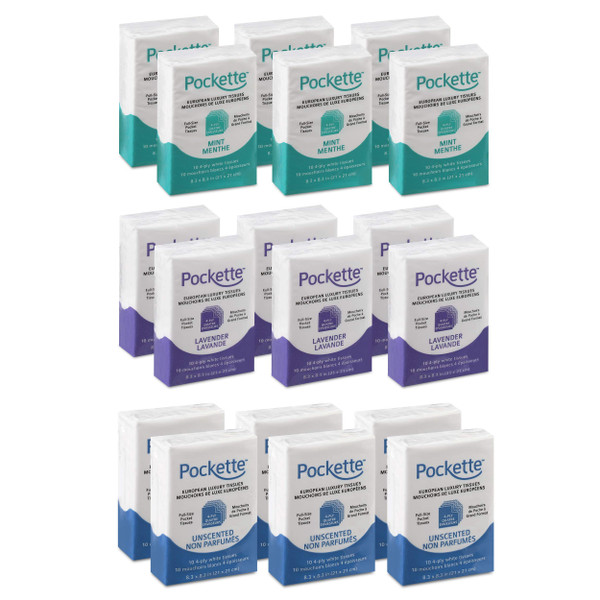 Pockette 4-Ply Pocket Tissues - 18 Packs of 10s, Travel Size - Assorted