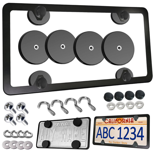 FBJTDQ Magnetic License Plate Holder Mount, Black Aluminum Frame