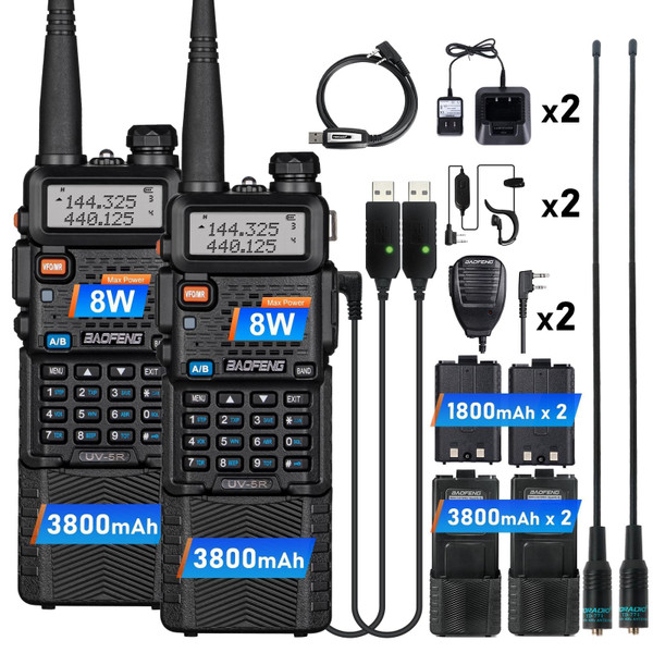 BAOFENG Radio UV-5R Ham Radio(4pcs Batteries), Handheld 8W Upgrade Long Range Radios Walkie Talkies for Adults, Rechargeable 3800mAh BatteryTwo Way Walkie Talkie with Handheld Speaker Mic (2 Pack)