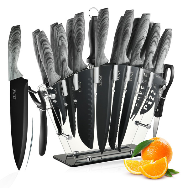 EUNA Knife Block Set, 19 PCS Kitchen Knife Set with Acrylic Block and Sharpener, German High-Carbon Stainless Steel Knife Sets with 6 Serrated Steak Knives, Bread Knife, Chef Knife, Dishwasher Safe