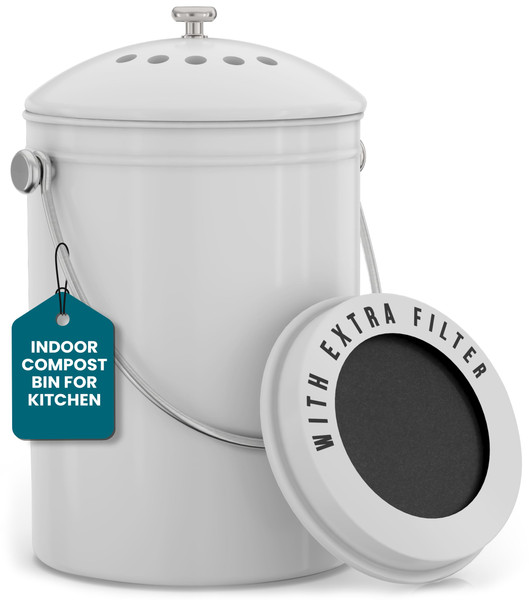 Utopia Kitchen Countertop Compost Bin 1.3 Gallon, Stainless Steel, White