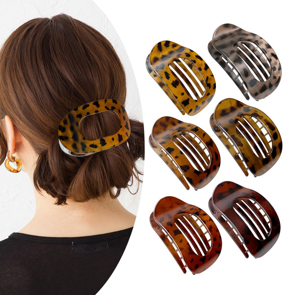 Flat Hair Clips for Women,6 Pack Ergonomic Curved Hair Claw Clips for Thick Thin Curly Hair,Strong Hold No Slip French Large Hair Claw Clips for All Hair Textures,Comfortable All-Day Wear,Leopard