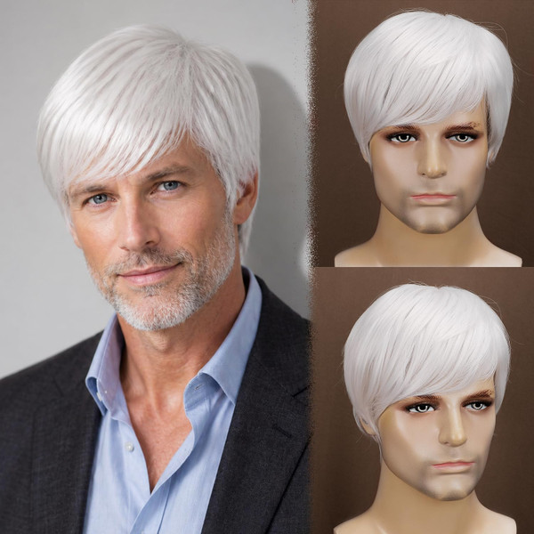 YYHR Mens White Wig Realistic Natural Synthetic Male Side Part Wig