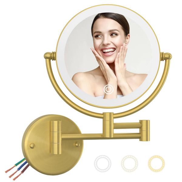 LEDOOLE Brass Lighted 10X Magnifying Make up Mirror Wall Mounted, Hardwired