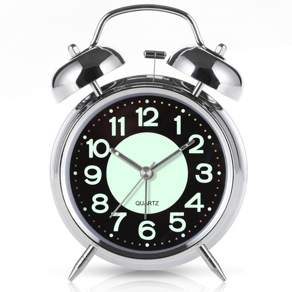 Super Loud Alarm Clock For heavy sleepers,4 inches Twin Bell Alarm Clock with Backlight,Battery Operated,Silent Non Ticking,For Kids,Adults,Bedrooms,Retro decor Desk Analog Clocks.. (Noctilucent)