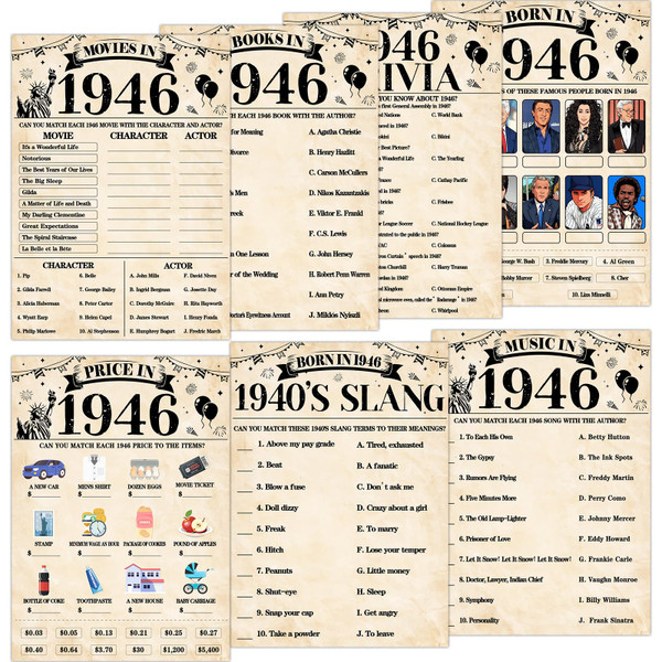 70Pcs 80th Birthday Party Games Born In 1946 Fun 1946 Trivia Music Slang Books Game Double-Sided Game Cards Vintage 80th Birthday Party Supplies for 80 Year Old Activity Anniversary Class Reunion
