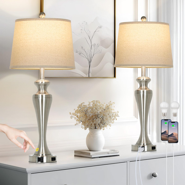 Ruzectt 30" Table Lamps Set of 2, 3-Way Dimmable Touch Bedside Lamp with USB A+C Ports and AC Outlet, Tall Living Room Lamps for Side Table, Modern Brushed Nickel Bedroom Lamp for Nightstand, Silver