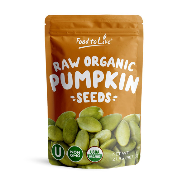Food to Live Organic Raw Pepitas, 2 Pounds — Non-GMO, Pumpkin Seed Kernels, Unsalted, No Oil, No Shell, Vegan, Kosher, Bulk. Keto Snack.