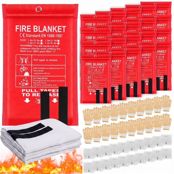Copkim 60 Pcs Fire Blankets Emergency for Home and Kitchen, Gloves, Hooks