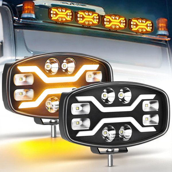 10 Inch Oval LED Driving Lights, 120W 30000LM Super Bright Offroad Pod Lights with White & Amber Dynamic DRL, IP68 Waterproof Fog Lights for Semi Truck, Kenworth, Peterbilt, Pickup, Tractor - 2PCS