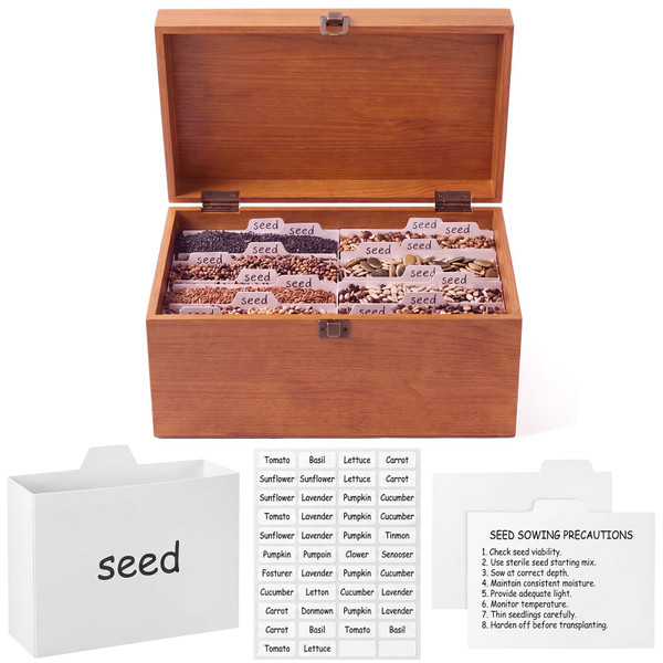 SiliFine Seed Storage Box Garden Seed Organizer with Divider Labels, Brown
