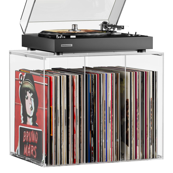 Bikoney Stackable Cube Acrylic Vinyl Record Storage, Tabletop Record Player Stand with Divided Vinyl Shelf, Vinyl Holder & Album Storage Box Crate Bin, Clear