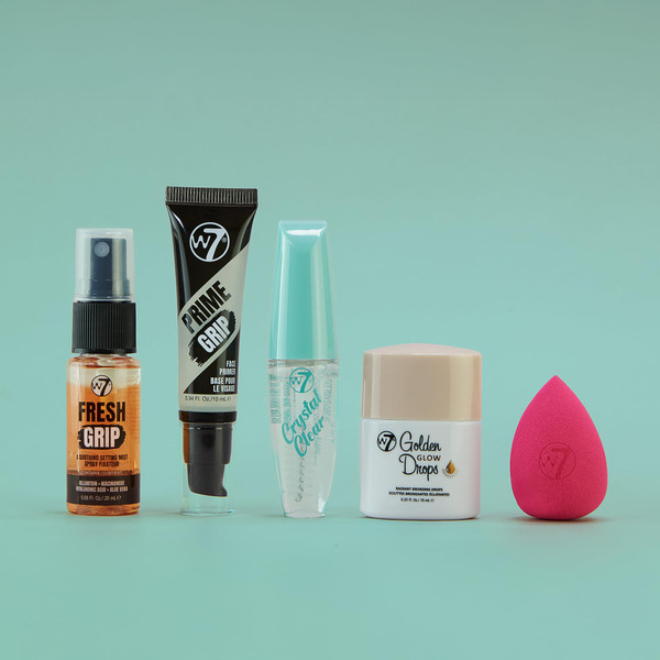 W7 On the Go Essentials Set - Mini Makeup Must-Haves with Primer, Setting Spray, Mascara, Golden Glow Bronzing Drops & Beauty Sponge - Travel or Handbag Size Essentials