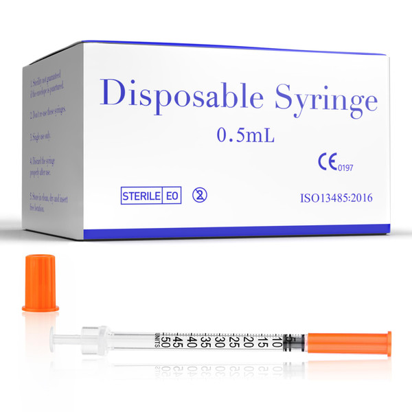 100 Pack 0.5ml Disposable Syringes with 31G 1/4" (6mm) Fixed Needle - U-100 Precise Scale, Low Dead Space, Individually Wrapped