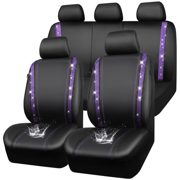CAR PASS Bling Diamond Car Seat Covers Full Set,Shining Rhinestone Waterproof Faux Leather,Rear with Zipper,Universal Fit Automotive Glitter Crystal Sparkle Strips for Women,Violet Purple Rhinestone