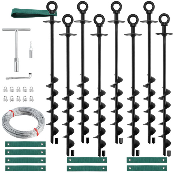 18'' Ground Anchors Screw in Heavy Duty, Shed Anchor Kit with Straps & Steel Cable & Tools, Earth Anchors for Mobile Home, Carports, Swing Set, Tree, Trampoline - Secure Against High Winds(8)