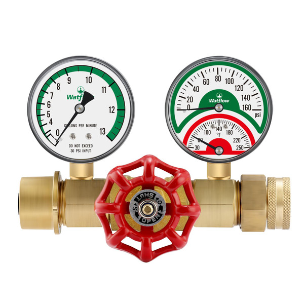 Water Flow Gauge, Temperature and Pressure Test Assembly, 0-160psi,0-13 GPM, 3/4" Female Hose Thread.