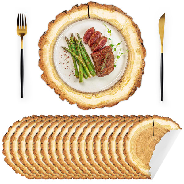 Kochorie 50 Pieces Disposable Wooden Slice Paper Placemats 13x13 Inch Round Rustic Slices Place Mat Bulk Table Paper Placemats for Farmhouse Wedding Party Dinner Table Setting