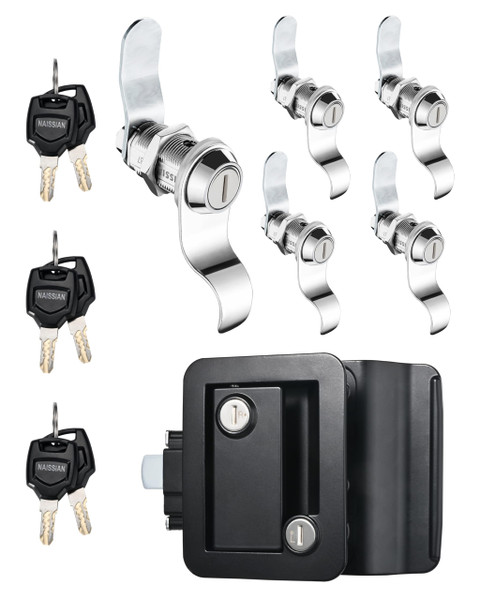 Camper Door Lock + 1-1/8" RV Stroage Cam Lock Set,Deadbolt Lock for Entry Side Door Lock with Handle, Travel Trailer Security Door Latch, Black,Pack of 1+ 5 Cam Locks,6 Keyed Alike